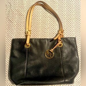 Rare Vintage Michael Kors Black Pebbled Leather Tote Bag Pink Adjustable Handles